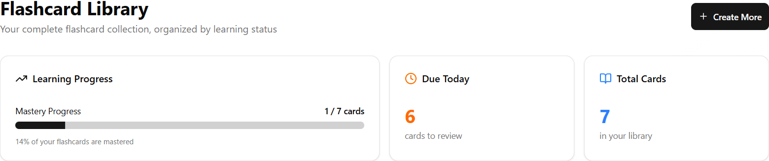 Flashcard library dashboard showing learning progress, cards due today, and total card count