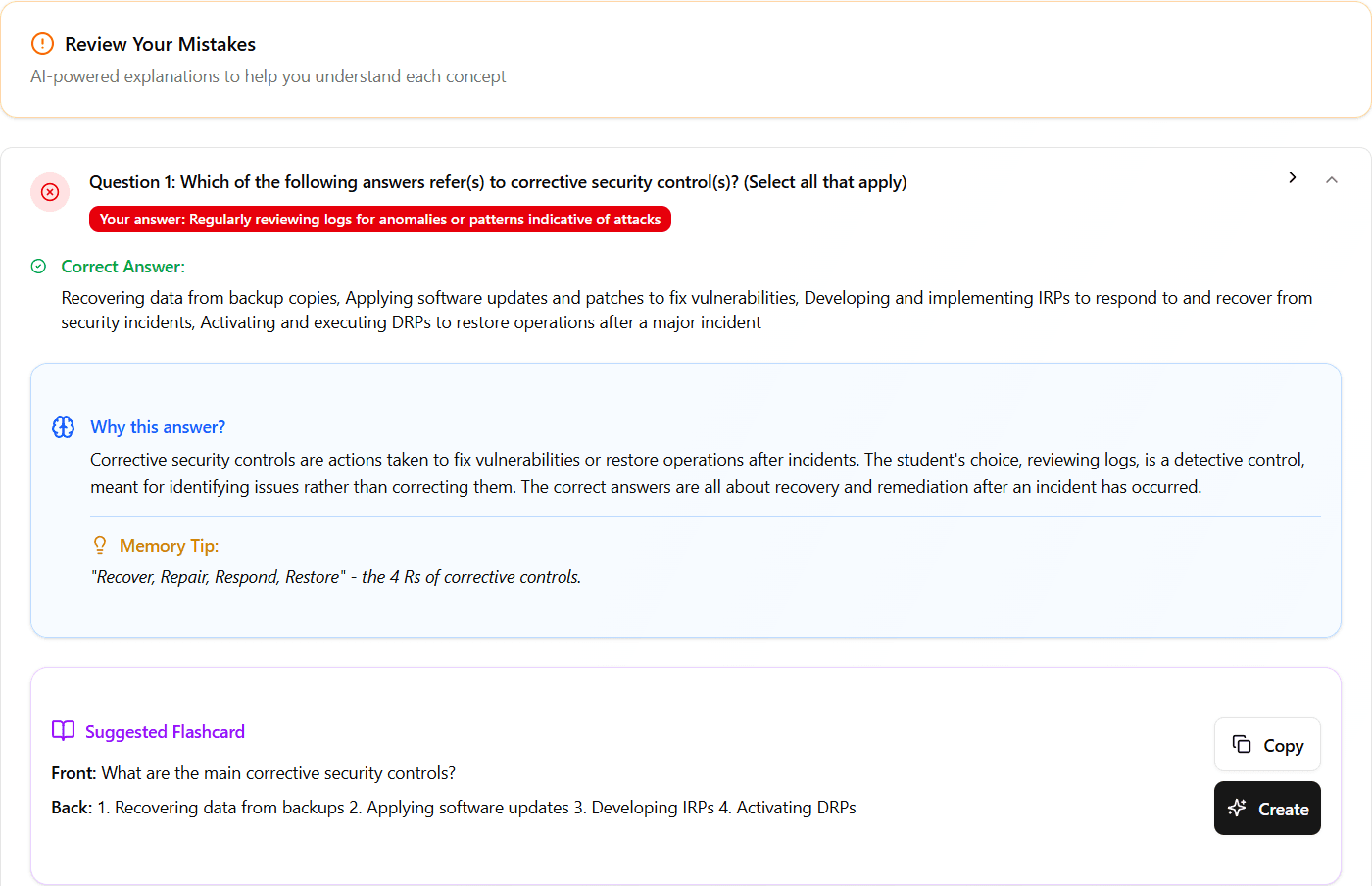 AI-powered exam review with detailed explanations for incorrect answers